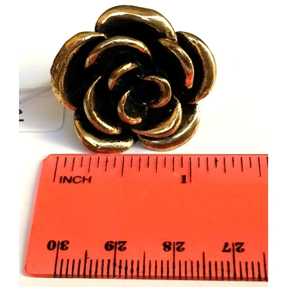 Vtg Gold Tone Rose Flower Bloom Cocktail Ring Size 6 7 8 Chunky Statement Boho